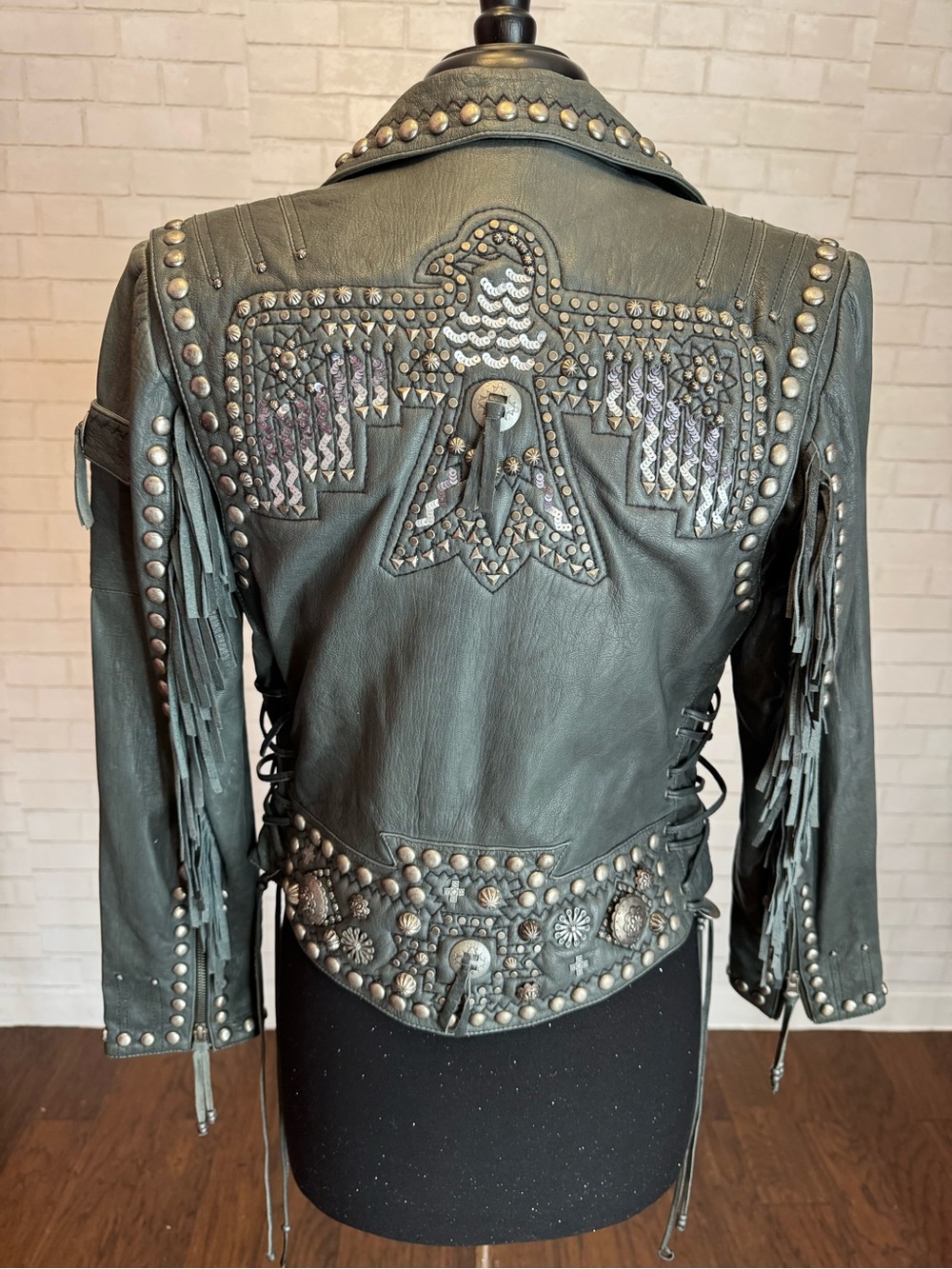 Double D Ranch Black Leather Studded Fringe Jacket with Silver Embellishment
